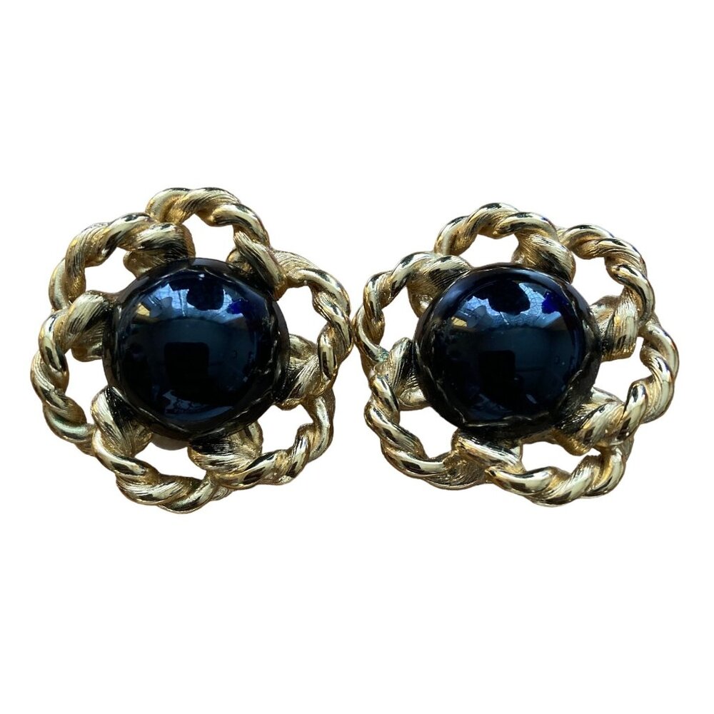 Vintage Givenchy Clip On Earrings Black Gold Round Designer Signed Statement